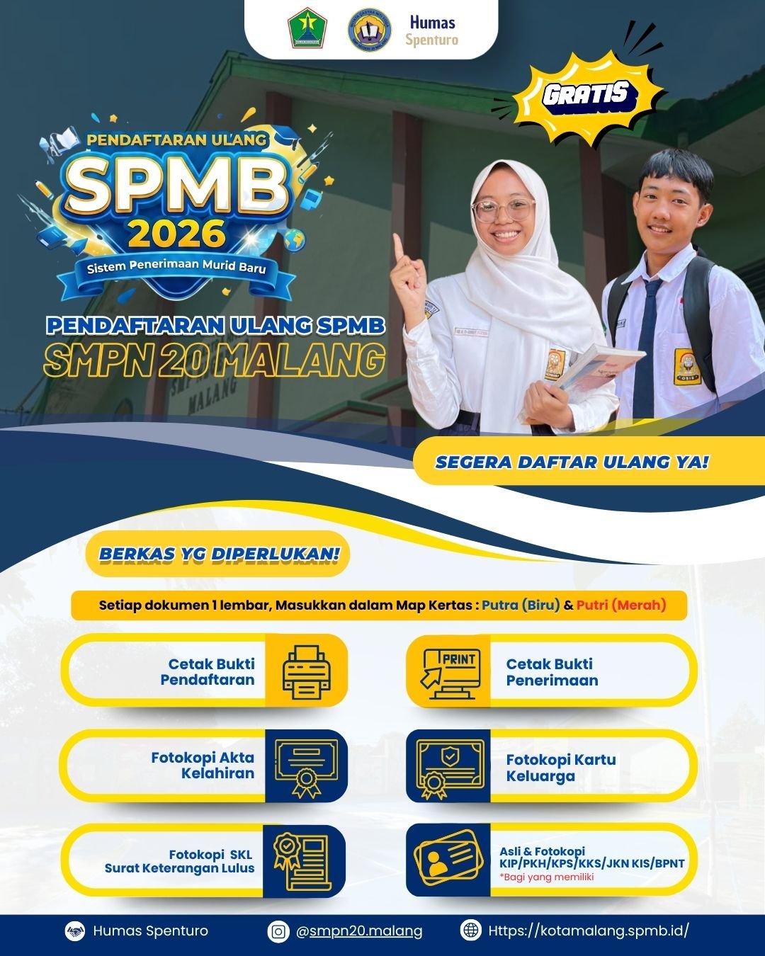 Pendaftaran Ulang SPMB 2026 SMP Negeri 20 Malang Dibuka, Calon Murid Baru Segera Lengkapi Berkas